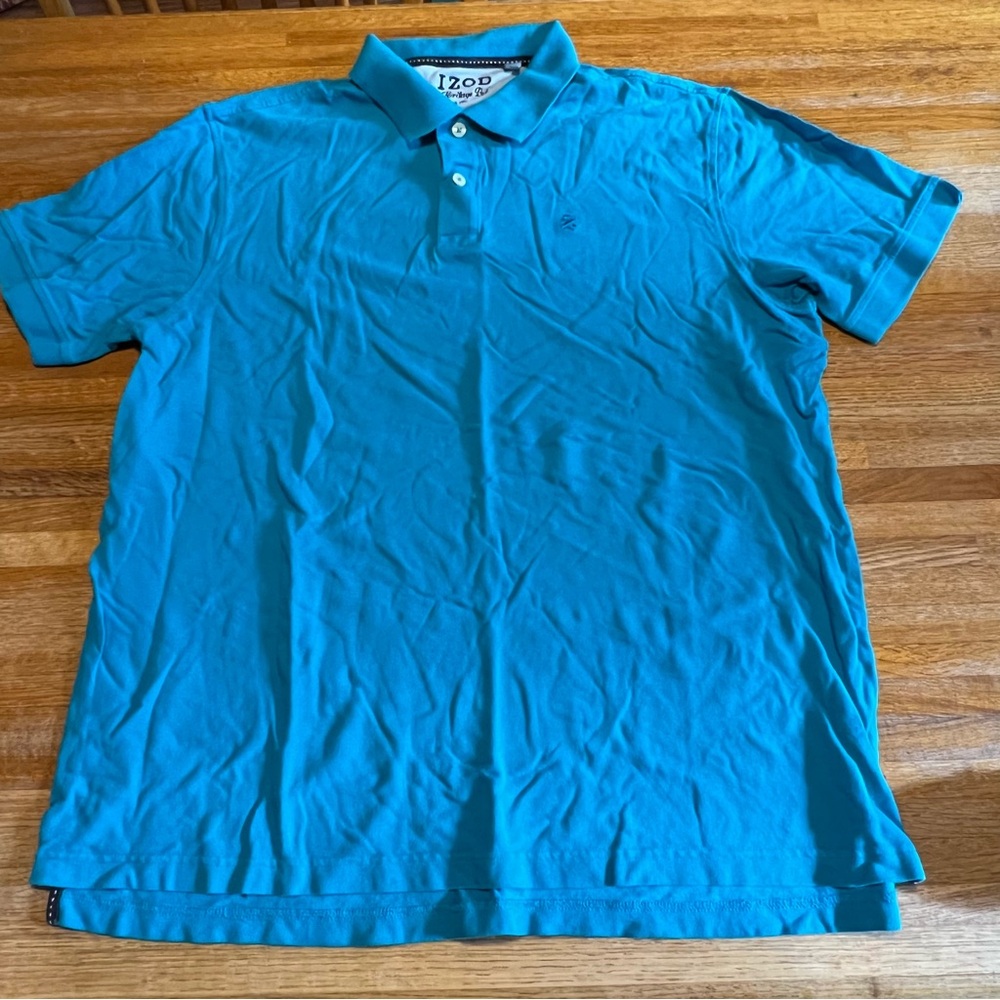 Izod Hertiage Polo‎ Men XL Aqua Blue Button Collar Short Sleeve Golf Office Polo
